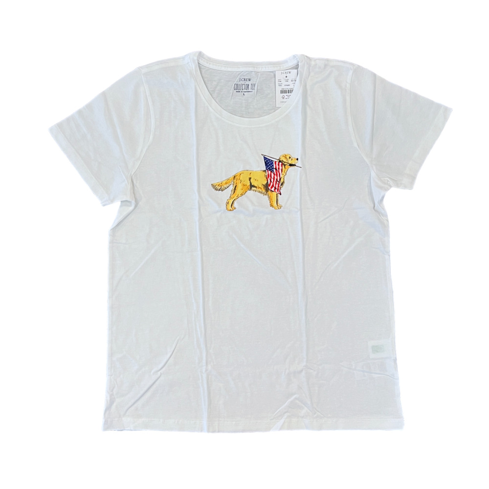 NWT J. Crew Women's White W/Dog with Flag Graphic Tee - SIZE L